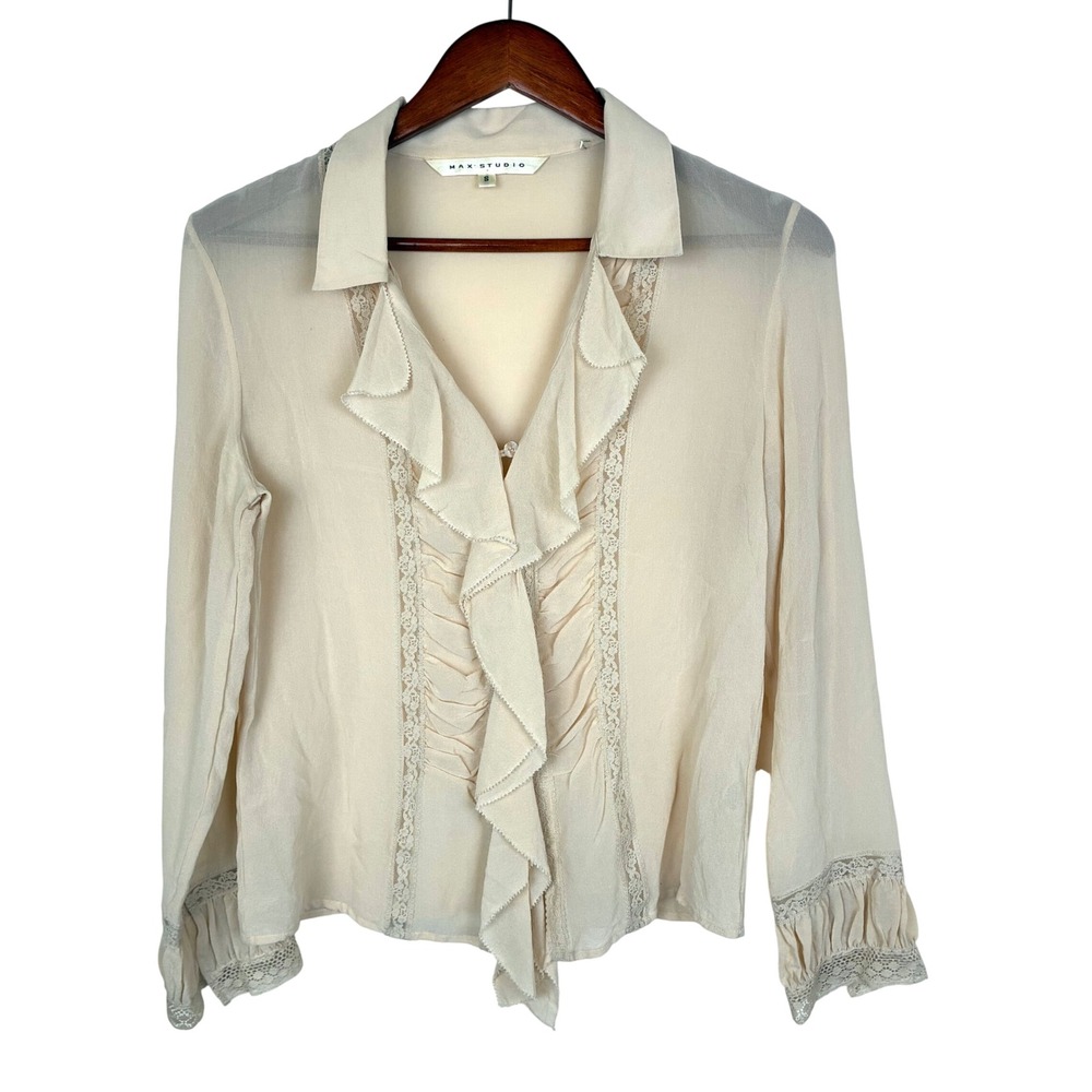 Vtg Top Sz S %100 Silk Boho Ruffle Front Sheer Romantic Long Sleeve Cream Lace